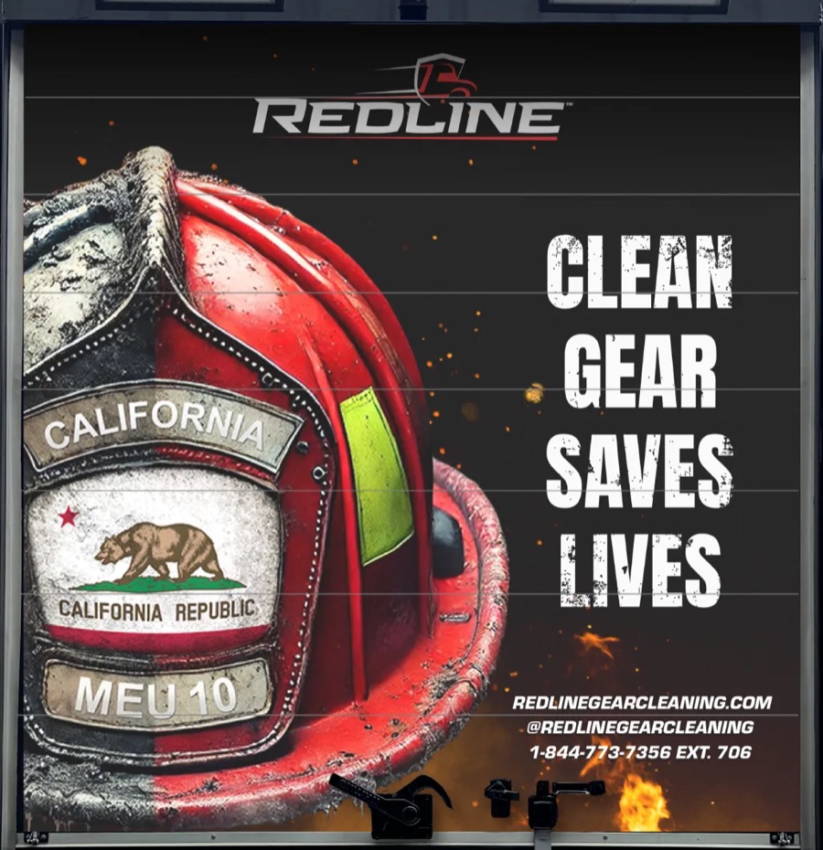 Rear door of a RedLine Mobile Extraction Unit wrapped with a California firefighter helmet and the words Clean Gear Saves Lives